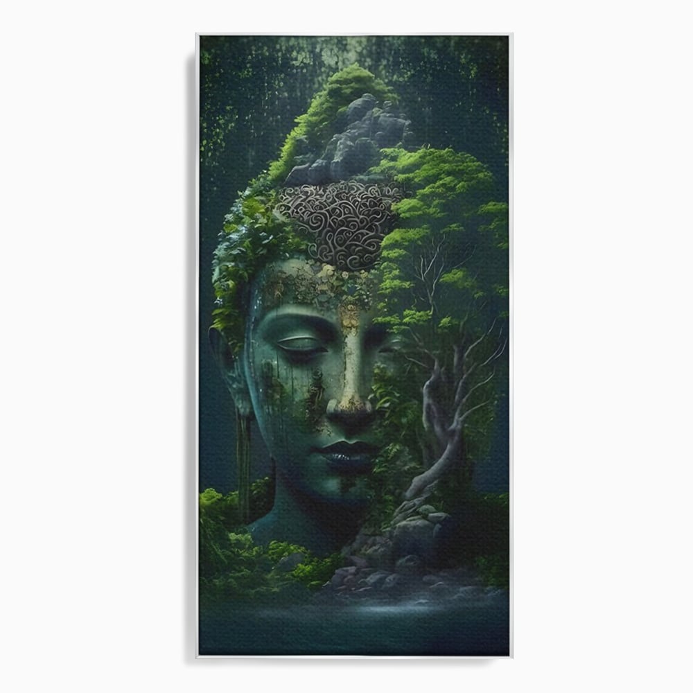 Tablou canvas cu tablou canvas cu cap de buddha imbracat in vegetatie, in rama de aluminiu argintiu